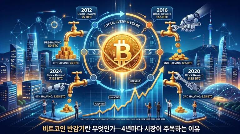 비트코인 반감기 채굴 보상 50에서 6.25 BTC로 감소 설명 이미지