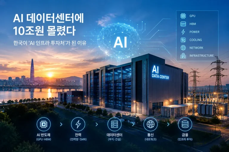 AI 데이터센터 투자와 전력·반도체·통신·금융 인프라 연결 구조를 보여주는 이미지