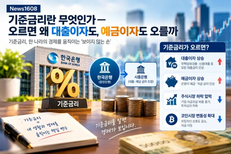 기준금리와 대출·예금 금리의 관계를 보여주는 경제 금융 이미지