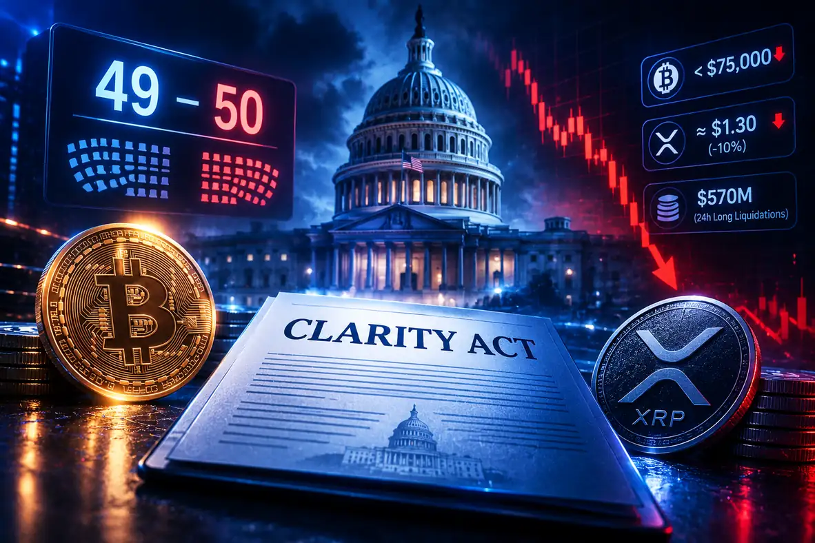 클래리티법 상원 절차표결과 비트코인·XRP 급락을 보여주는 가상자산 시장 분석 이미지