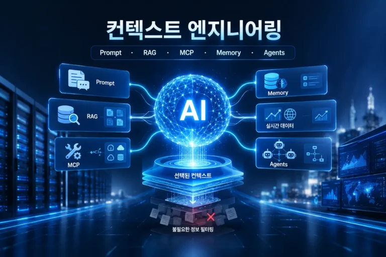 컨텍스트 엔지니어링과 프롬프트 RAG MCP 메모리 AI 에이전트의 관계를 보여주는 이미지