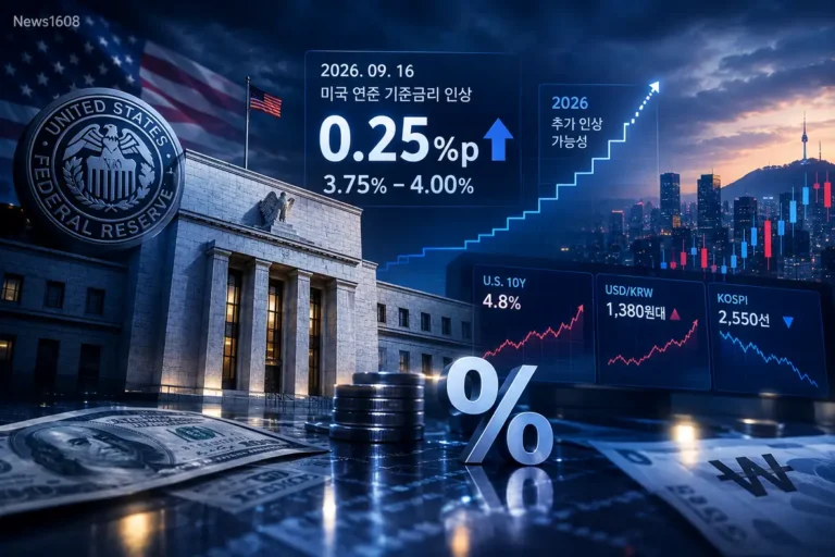 미국 연준 금리 3.75~4.00% 인상과 한국 금리·환율·코스피 영향을 보여주는 금융시장 분석 이미지