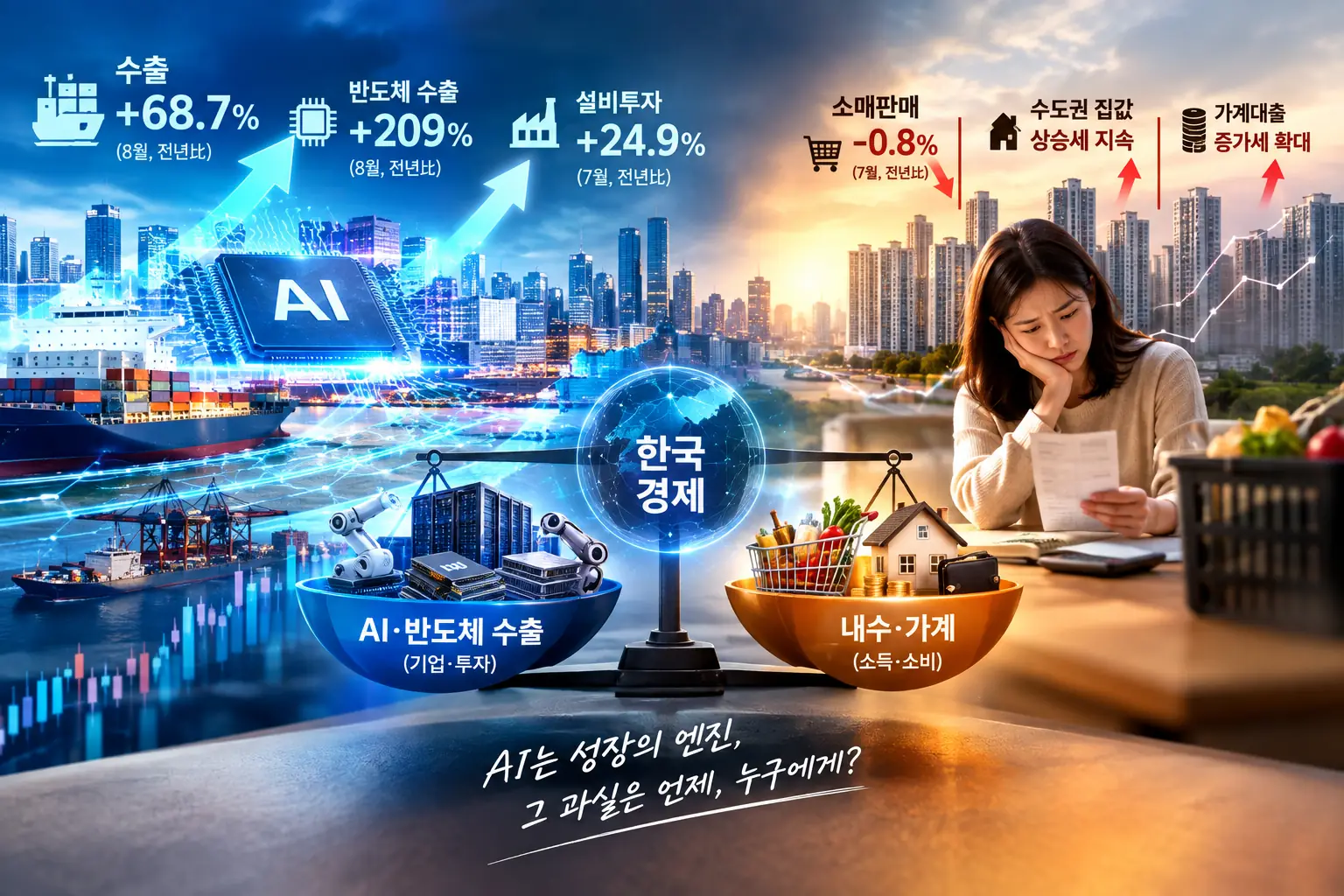 AI·반도체 수출 호황과 한국 내수·가계 소비의 격차를 보여주는 경제 분석 이미지