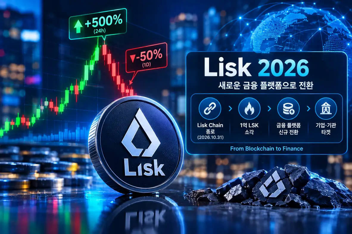 리스크 코인 LSK 급등과 급락, Lisk Chain 종료를 보여주는 가상자산 분석 이미지