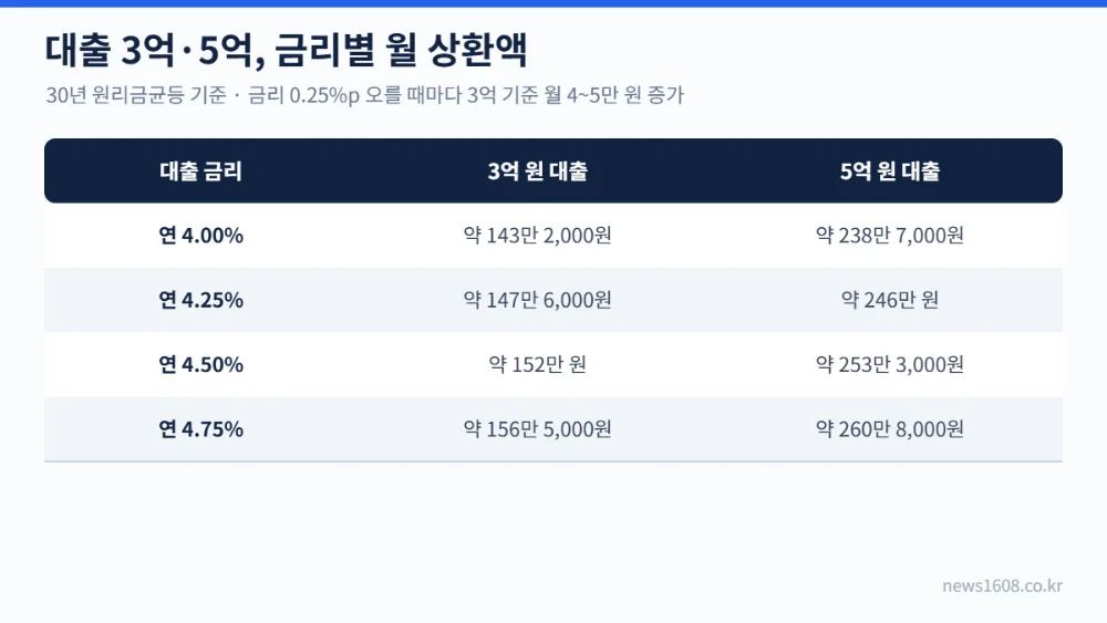 기준금리 인상 시 대출 3억 5억 금리별 월 상환액