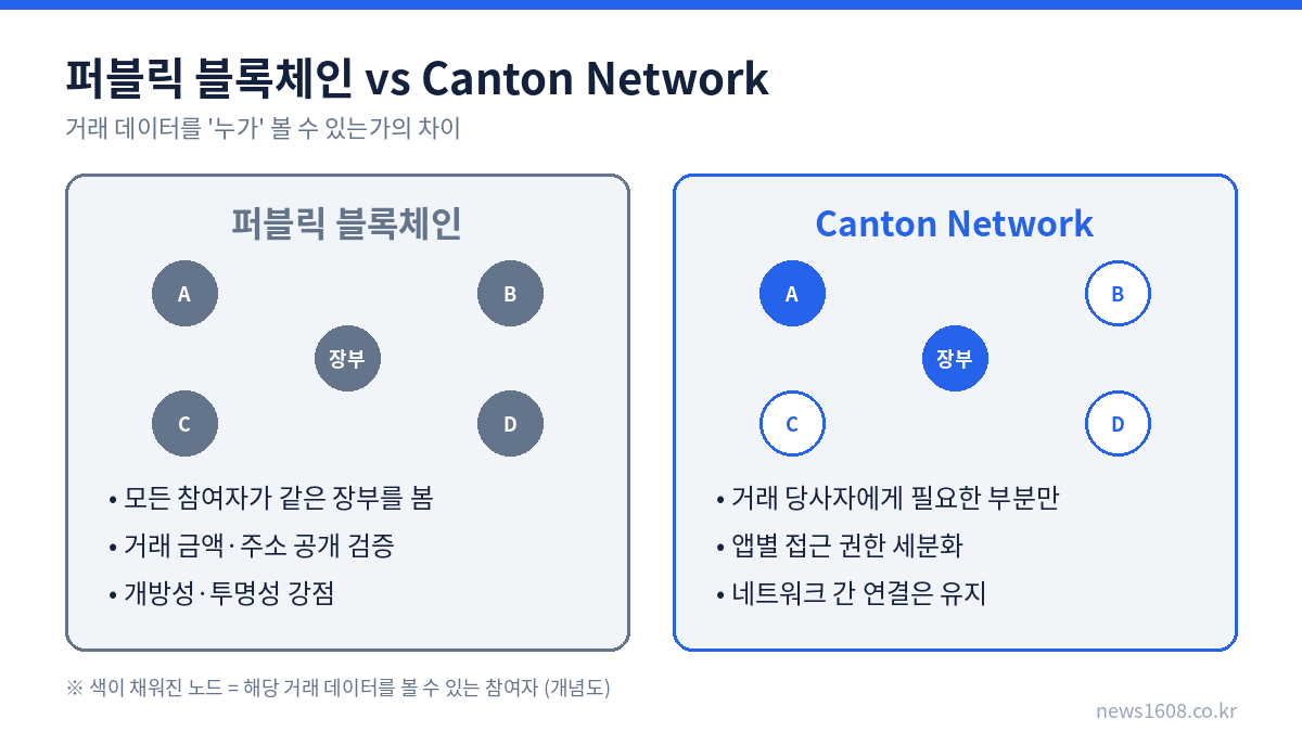 퍼블릭 블록체인과 Canton Network의 거래 데이터 공개 범위 비교 개념도