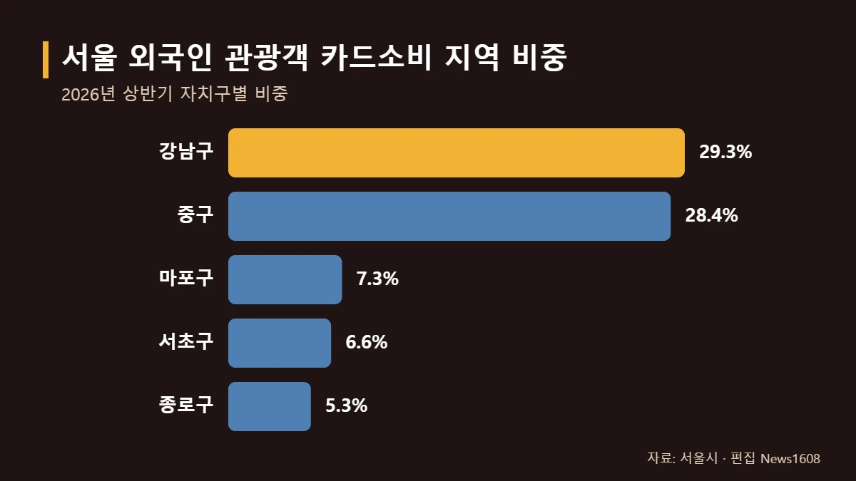 중국인 관광객 서울 소비지역 강남구 중구 마포구 외국인 카드소비 비중