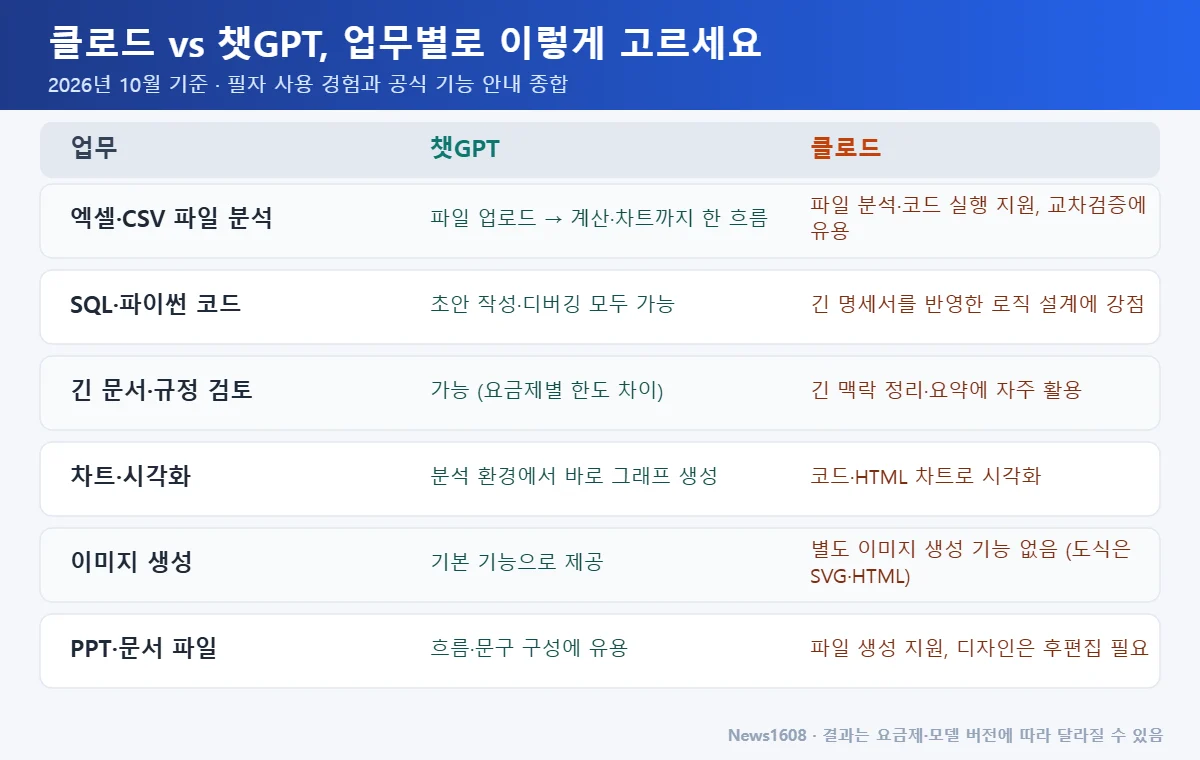 클로드 vs 챗GPT 업무별 선택 가이드 엑셀 SQL 긴 문서 시각화 이미지 생성 PPT 비교표