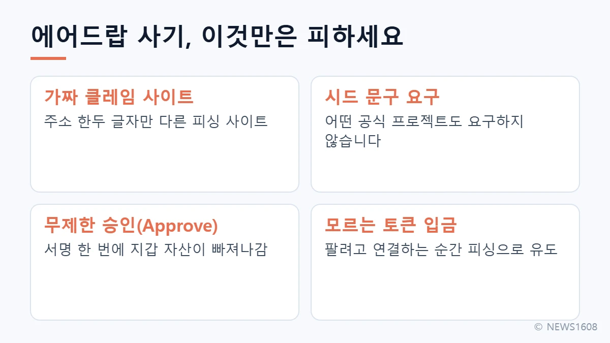 에어드랍 사기 유형 가짜 클레임 사이트 시드 문구 요구 무제한 승인 스캠 토큰