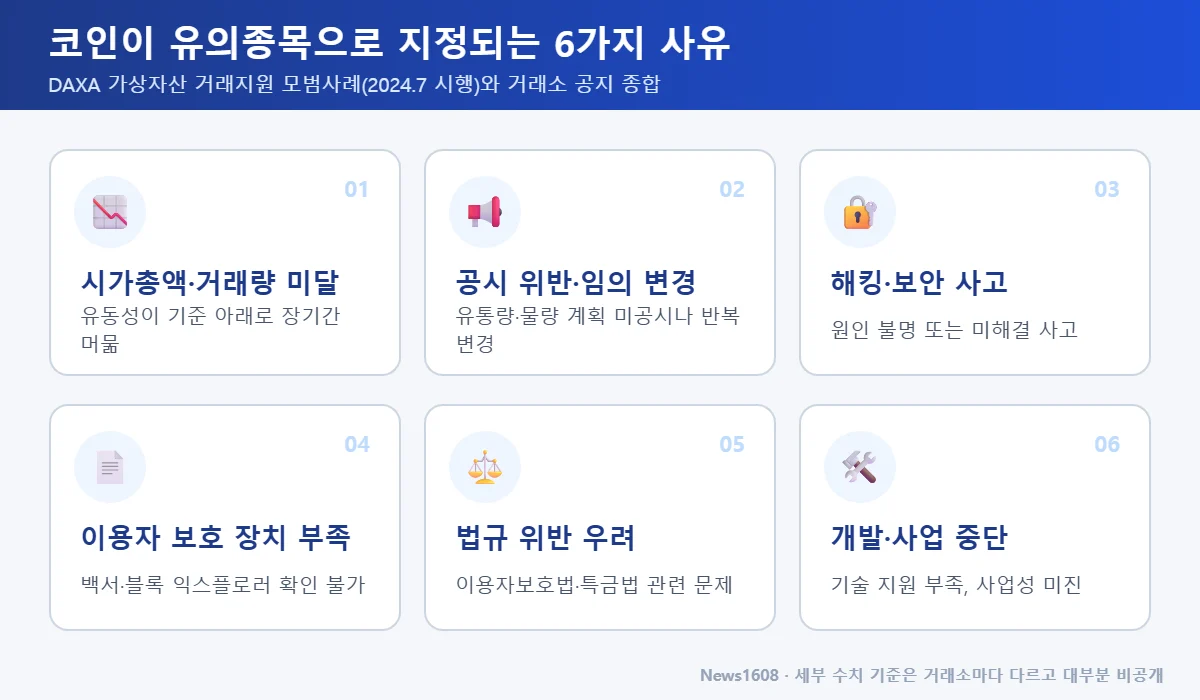 유의종목 지정 사유 6가지 시가총액 거래량 미달 공시 위반 해킹 보안 이용자 보호 법규 개발 중단