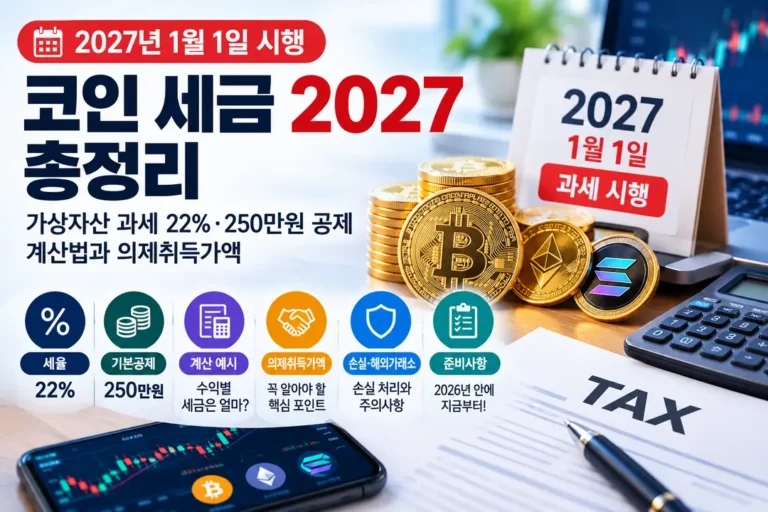 코인 세금 2027 가상자산 과세 22% 250만원 공제 계산법