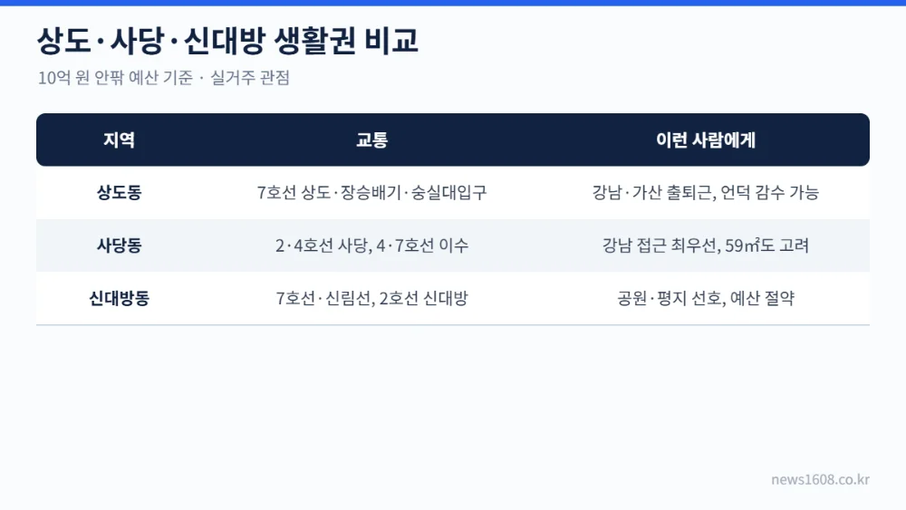 동작구 상도동 사당동 신대방동 교통 생활권 비교
