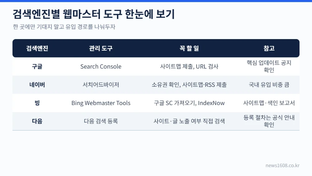구글 네이버 빙 다음 검색엔진별 웹마스터 도구 비교표 서치어드바이저 Bing Webmaster Tools