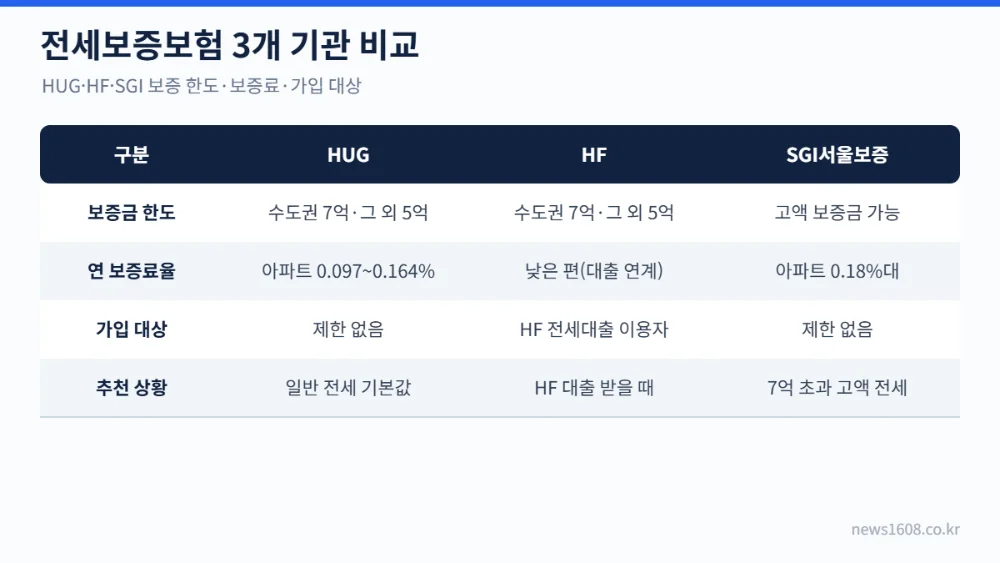 전세보증보험 HUG HF SGI 비교표 보증한도 보증료율 가입대상
