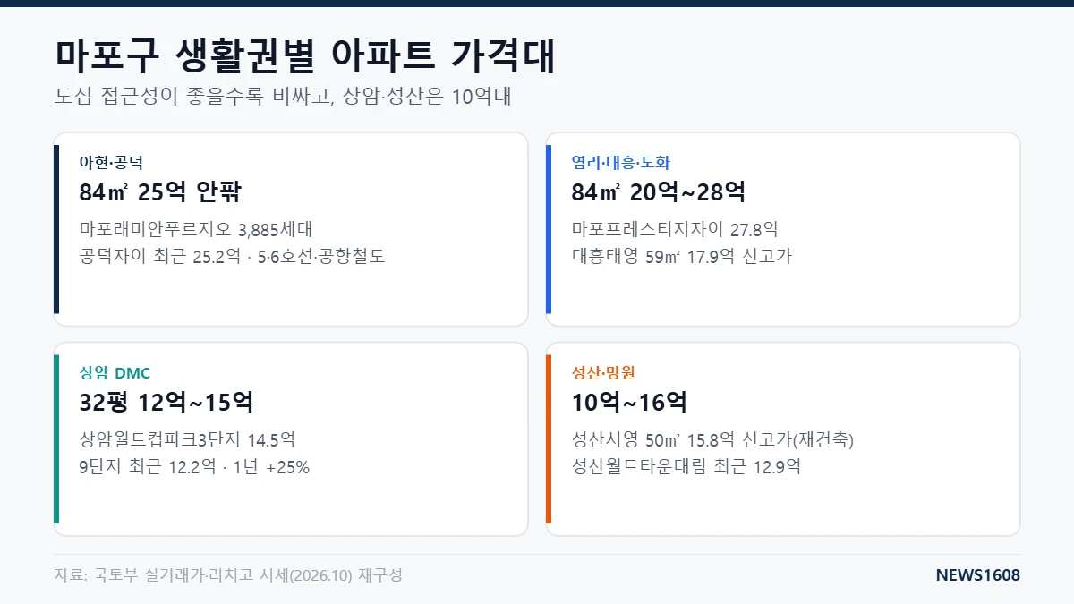 마포구 생활권별 아파트 가격 아현 공덕 염리 상암 성산 시세