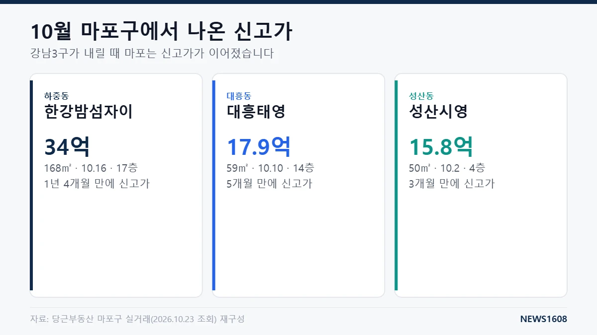 마포구 아파트 신고가 한강밤섬자이 대흥태영 성산시영 2026년 10월