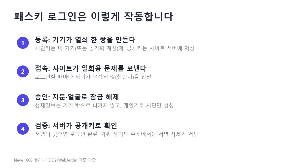 패스키 로그인 원리 공개키 개인키 서명 검증 4단계