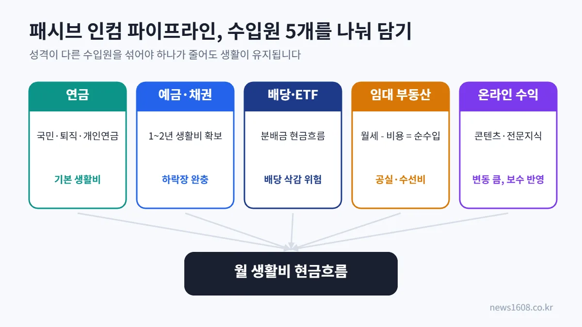 패시브 인컴 파이프라인 연금 예금 배당 임대 온라인 수익 5가지 수입원