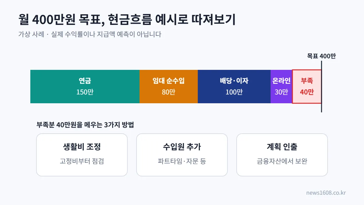 월 400만원 은퇴 생활비 현금흐름 예시 연금 임대 배당 온라인 수익과 부족분