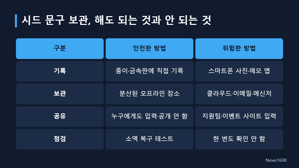 시드 문구 보관 방법 비교표