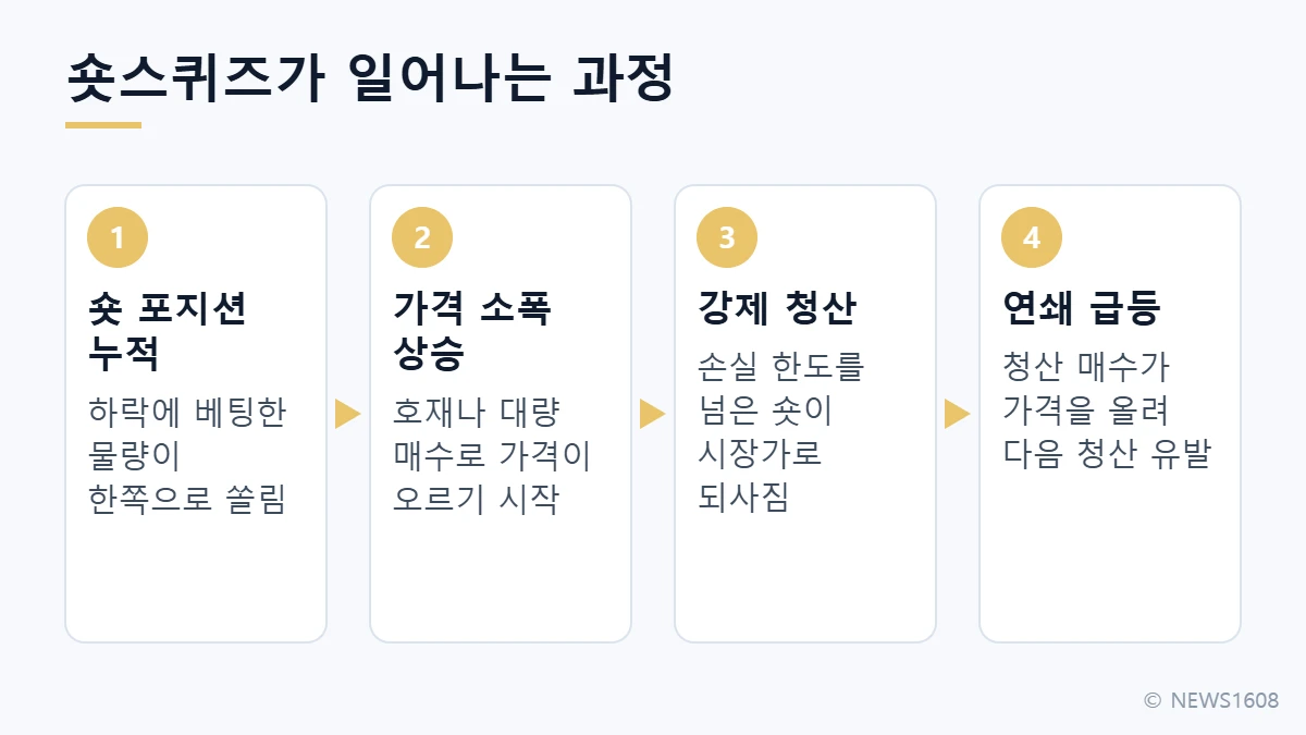 숏스퀴즈 과정 숏 포지션 누적 가격 상승 강제 청산 연쇄 급등